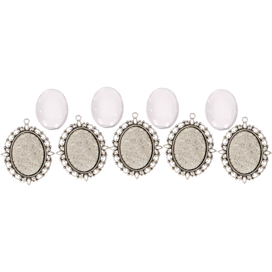 Smycketillbehör i  metall - spegel - halsbandsmedaljong med lins, 30x40 mm (5 stycken per pack) - silver