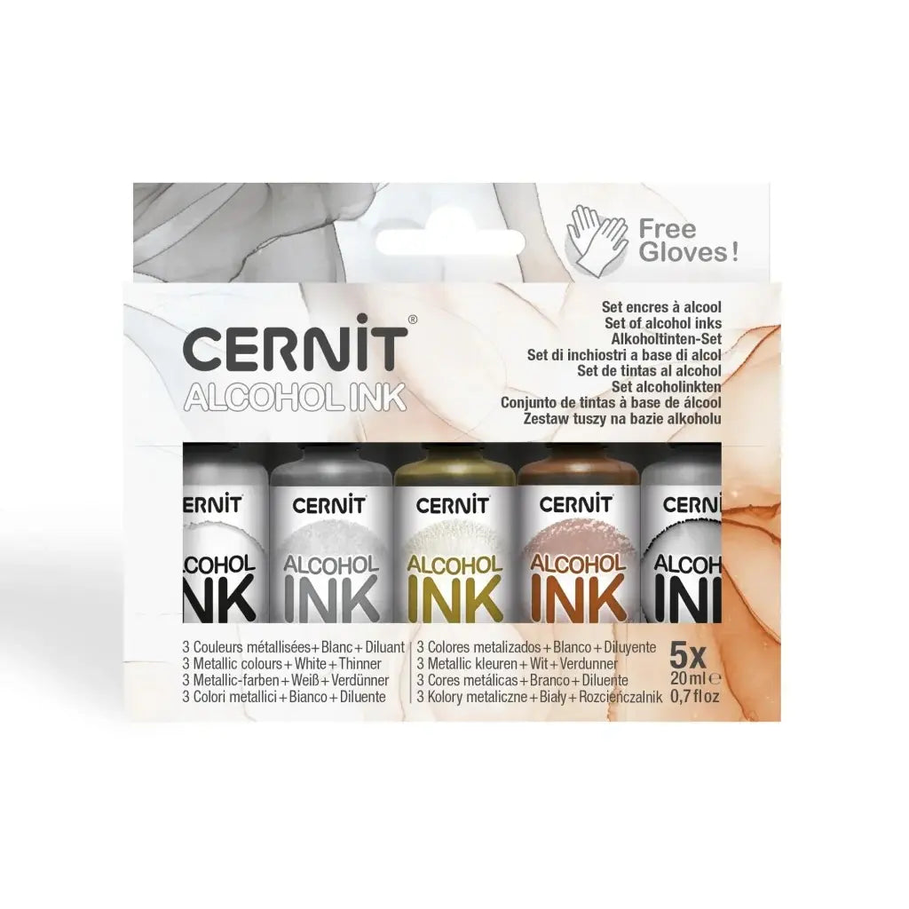 Cernit Alcohol Ink – Kit med metallicfärger (guld, koppar, silver + vit + thinner)