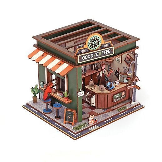 Coffee Shop – 3D-modell i trä med LED